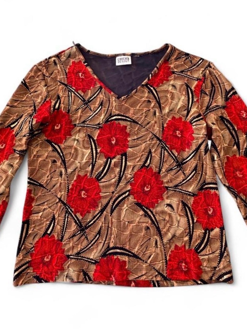 Chico's Red Floral Burnout V-Neck Long Sleeve Top on Brown